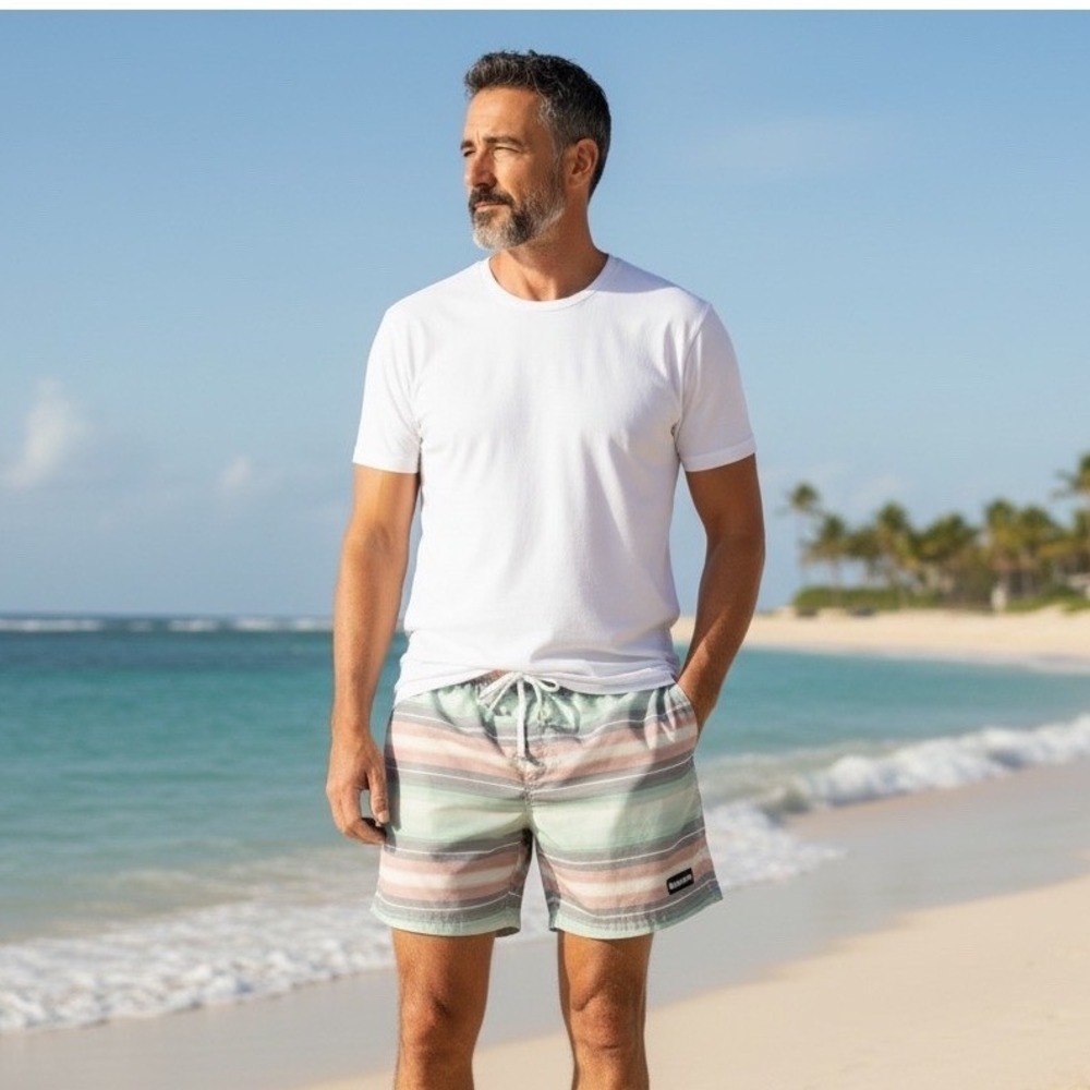 Hooey Mens Striped Swim Trunks Green Pink Grey Board Shorts Size Medium‎ Stretch